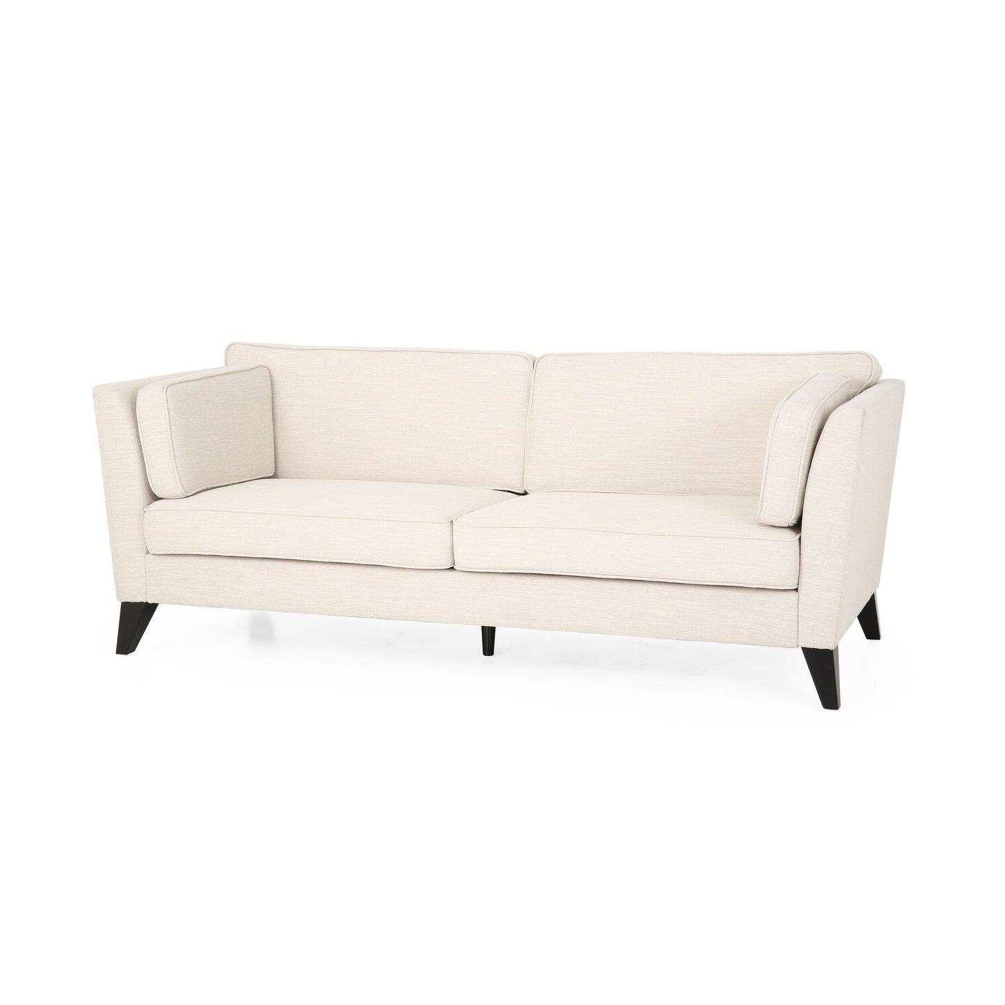 Divano beige a 3 posti con gambe in legno di betulla e cuscini laterali