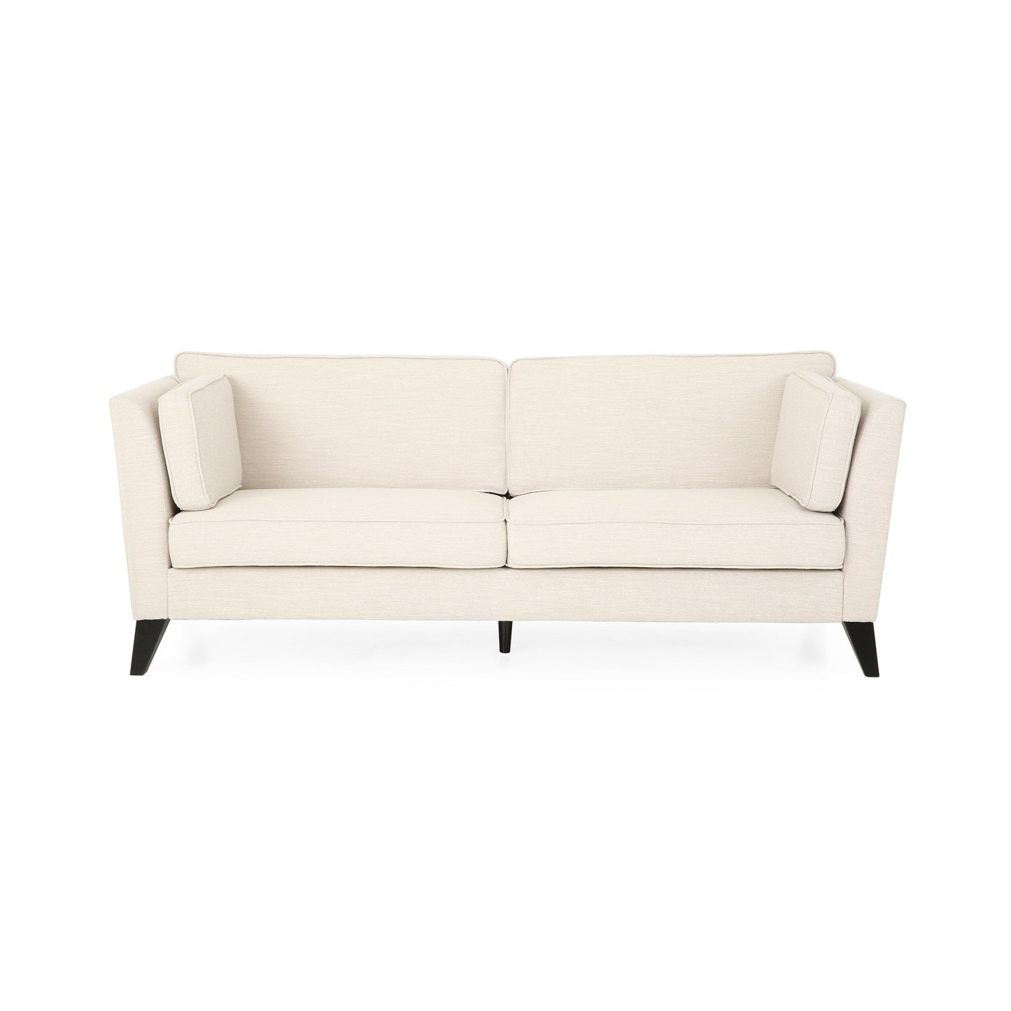 Divano beige a 3 posti con gambe in legno di betulla e cuscini laterali