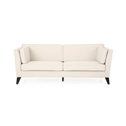 Divano beige a 3 posti con gambe in legno di betulla e cuscini laterali