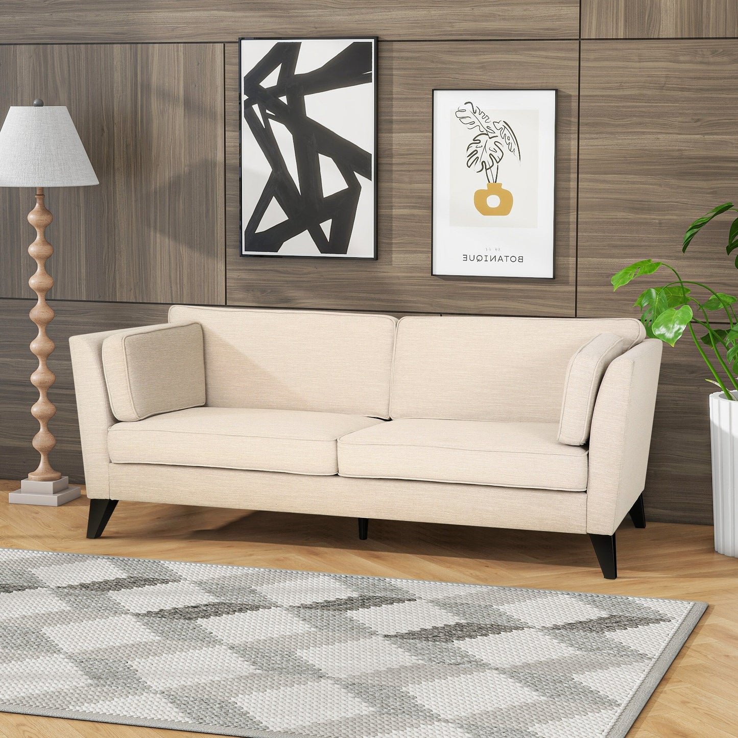 Divano beige a 3 posti con gambe in legno di betulla e cuscini laterali