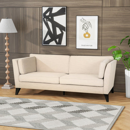 Divano beige a 3 posti con gambe in legno di betulla e cuscini laterali