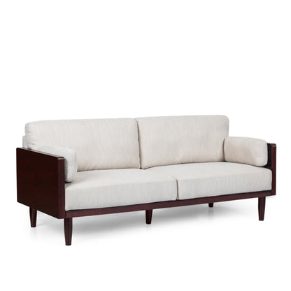 Divano beige a 3 posti con gambe in legno e struttura a vista