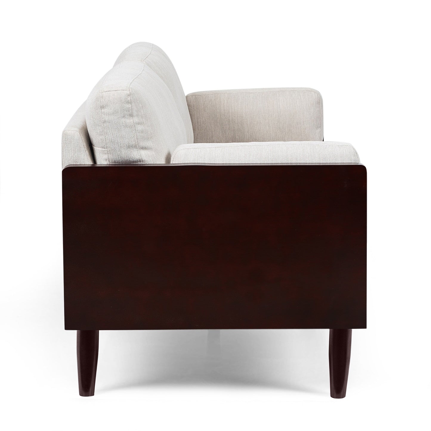 Divano beige a 3 posti con gambe in legno e struttura a vista