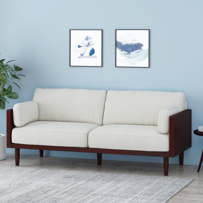 Divano beige a 3 posti con gambe in legno e struttura a vista