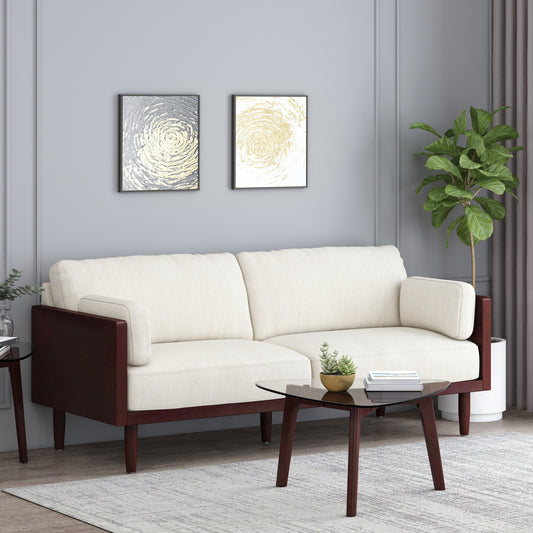 Divano beige a 3 posti con gambe in legno e struttura a vista
