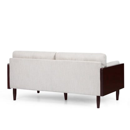 Divano beige a 3 posti con gambe in legno e struttura a vista
