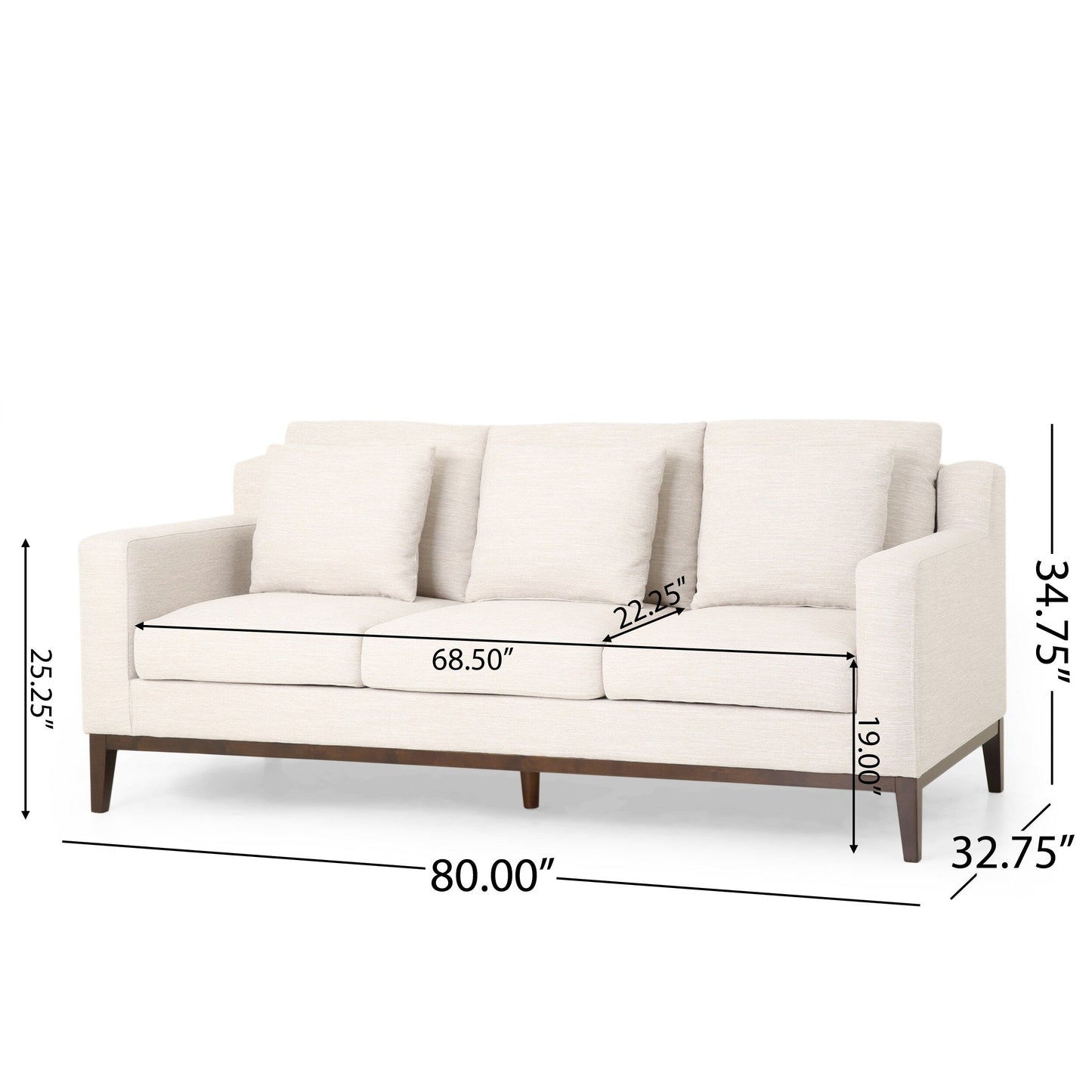 Divano beige a 3 posti con gambe in legno e cuscini coordinati