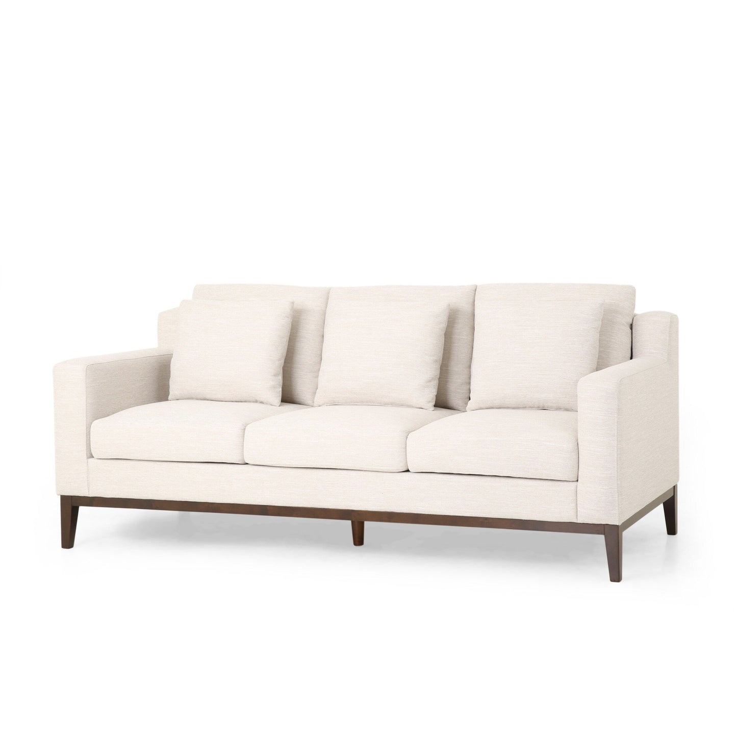 Divano beige a 3 posti con gambe in legno e cuscini coordinati