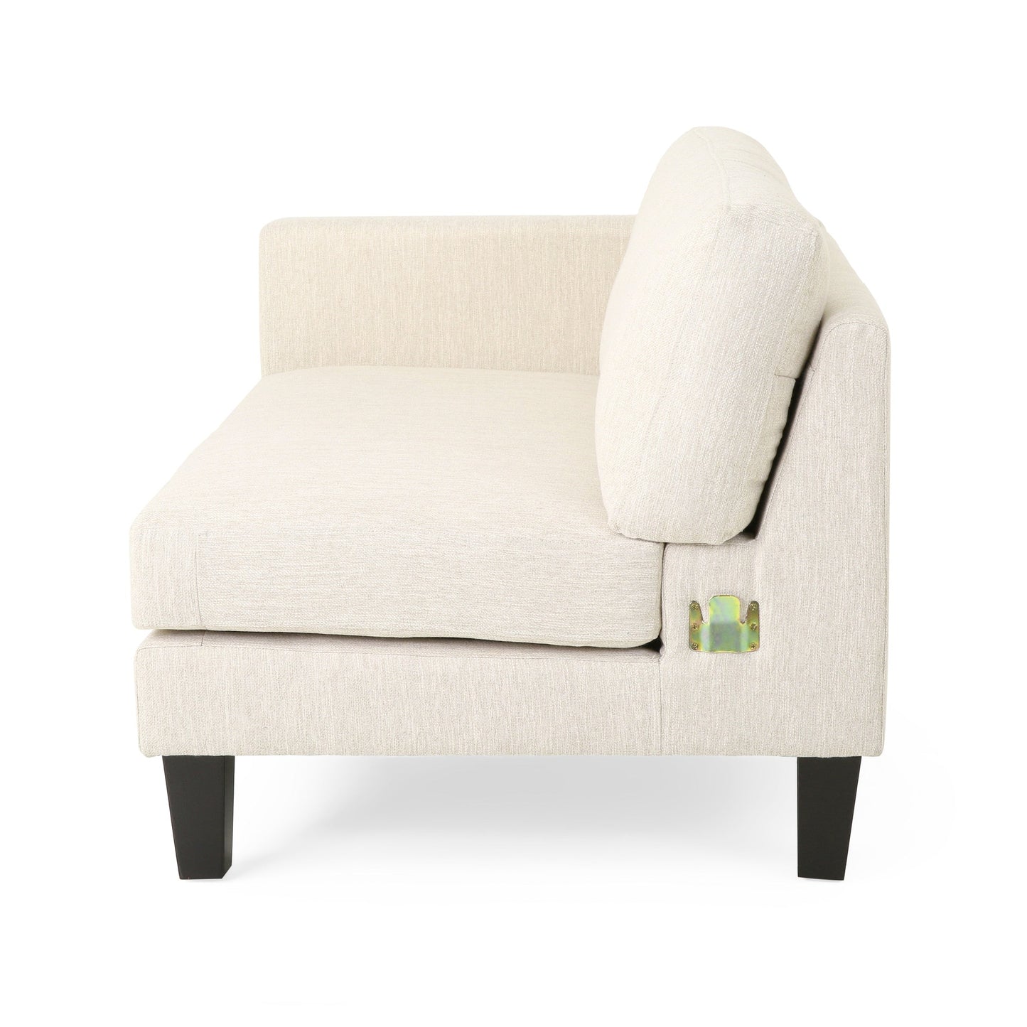 Divano beige a 3 posti con gambe in legno e due cuscini