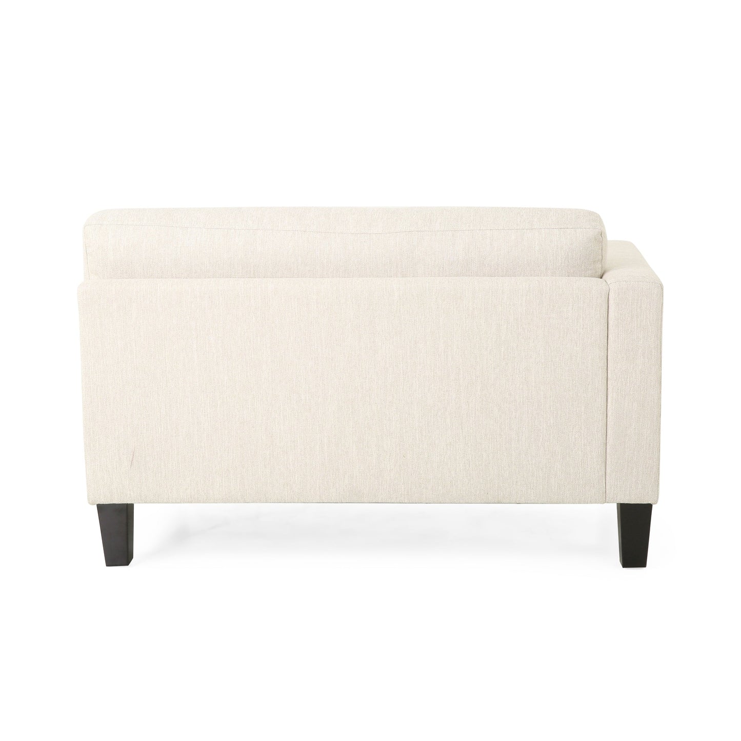 Divano beige a 3 posti con gambe in legno e due cuscini