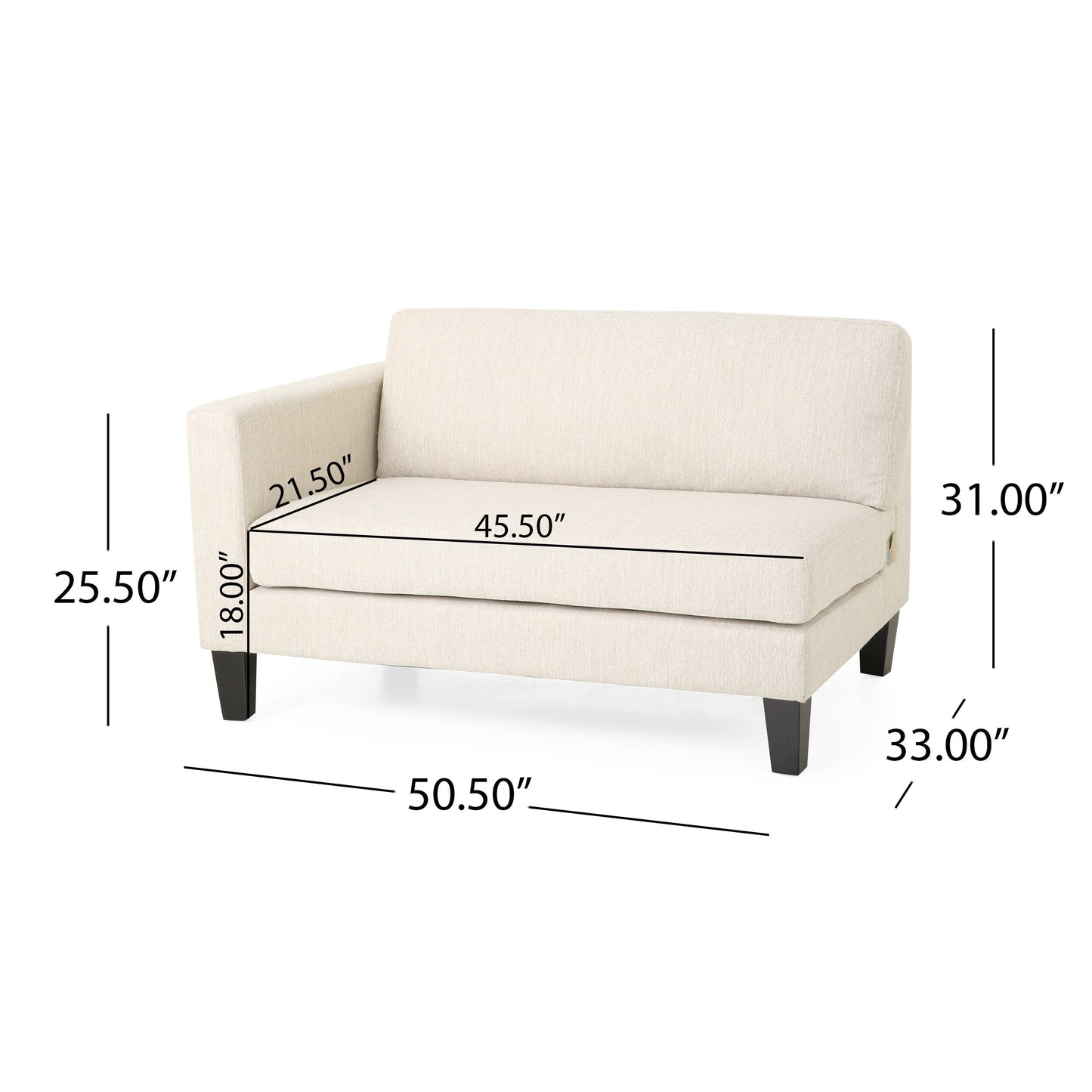 Divano beige a 3 posti con gambe in legno e due cuscini