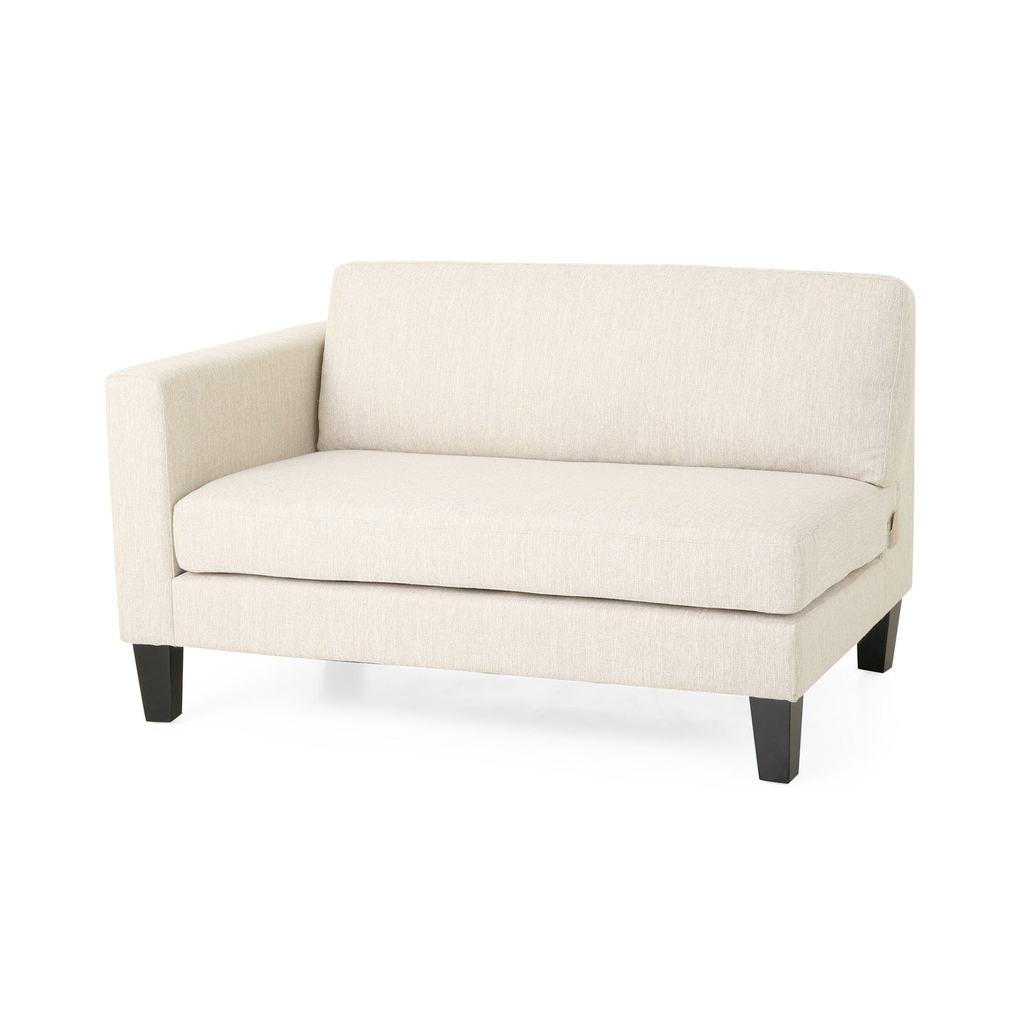 Divano beige a 3 posti con gambe in legno e due cuscini