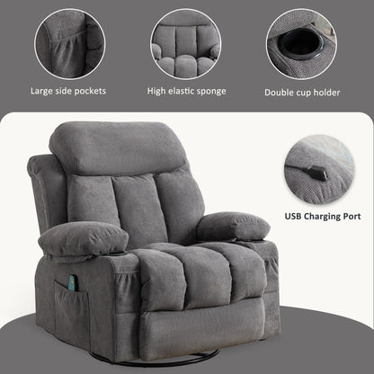 Poltrona reclinabile beige girevole a 360 gradi con massaggio e riscaldamento, ricarica USB, 2 portabicchieri, ampie tasche laterali