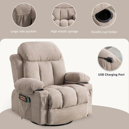 Poltrona reclinabile beige girevole a 360° con massaggio e riscaldamento, ricarica USB, doppio portabicchieri e ampie tasche laterali