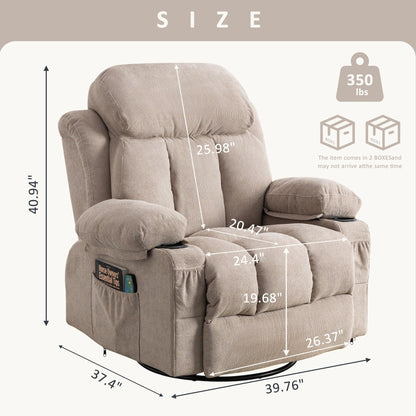 Poltrona reclinabile beige girevole a 360° con massaggio e riscaldamento, ricarica USB, doppio portabicchieri e ampie tasche laterali
