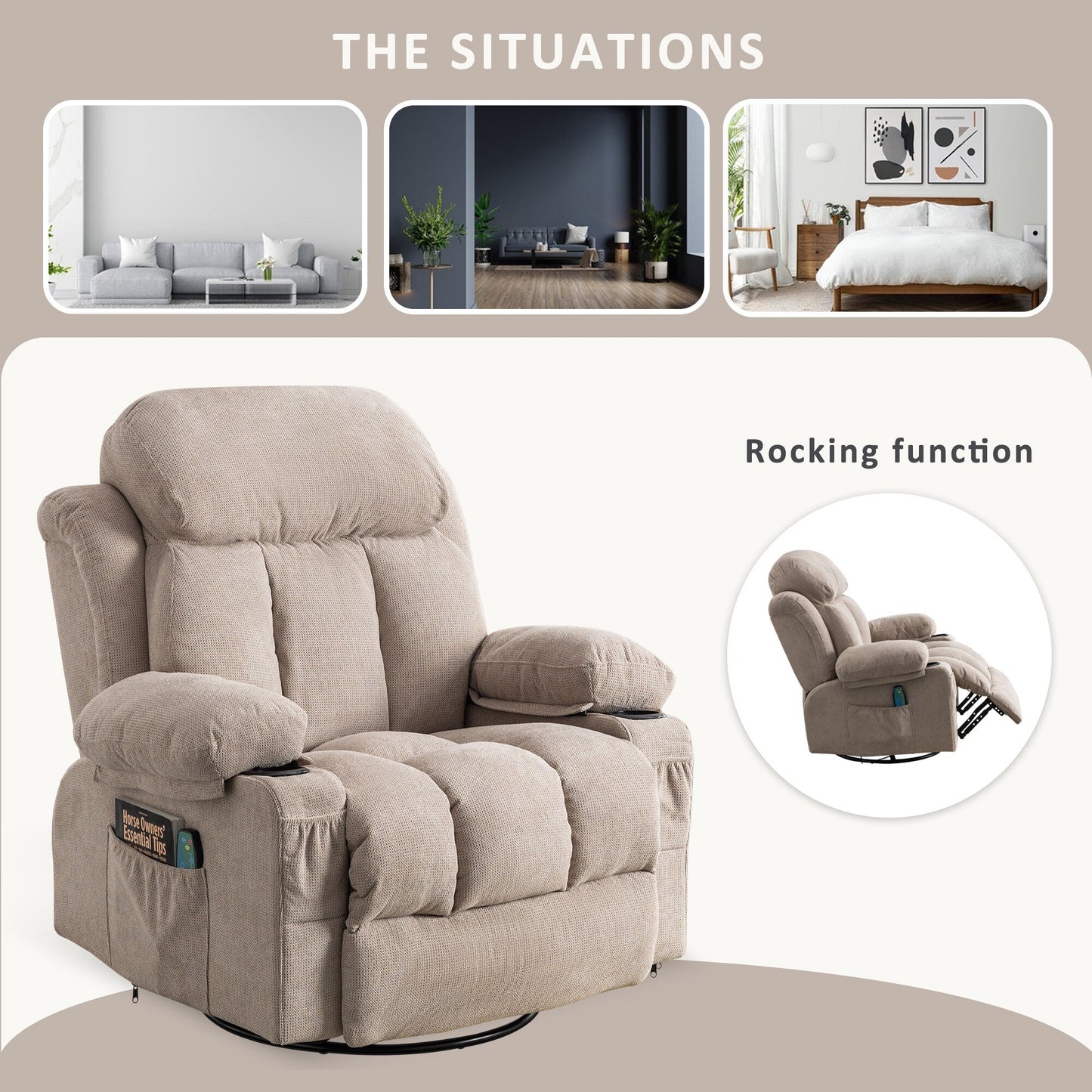 Poltrona reclinabile girevole a 360° beige con massaggio e riscaldamento, ricarica USB, doppio portabicchieri e ampie tasche portaoggetti