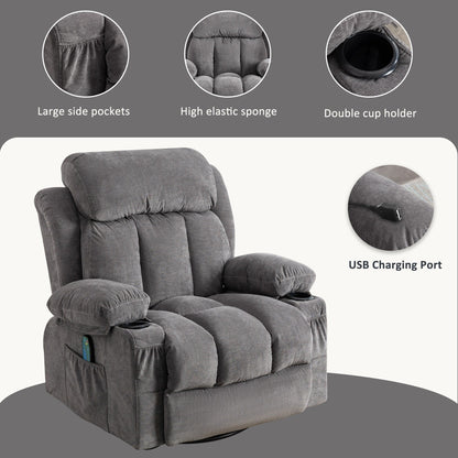 Poltrona reclinabile beige girevole a 360° con massaggio, riscaldamento, ricarica USB, doppio portabicchieri e ampie tasche laterali