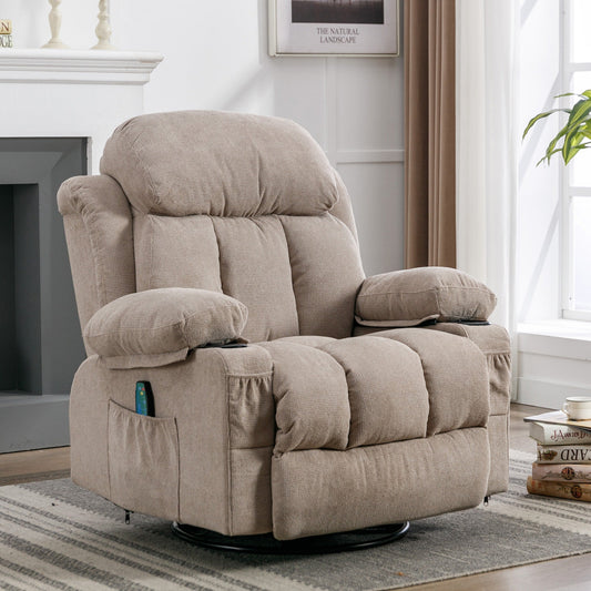 Poltrona reclinabile beige girevole a 360° con massaggio, riscaldamento, ricarica USB, doppio portabicchieri e ampio vano portaoggetti laterale