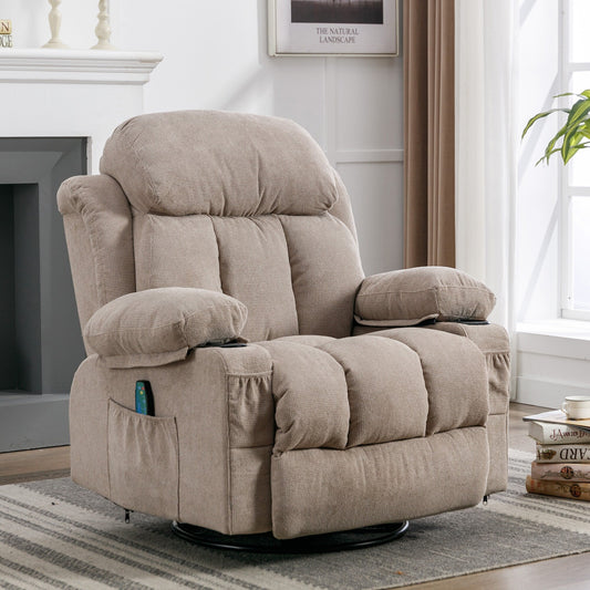 Poltrona reclinabile beige girevole a 360° con massaggio, riscaldamento, ricarica USB, doppio portabicchieri e ampio vano portaoggetti