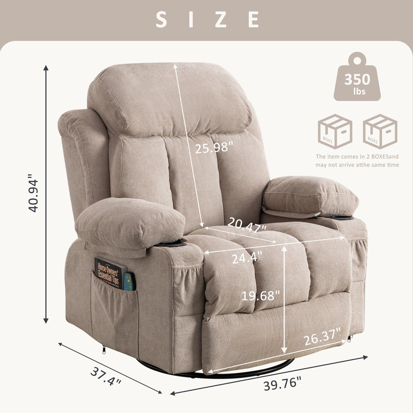 Poltrona reclinabile beige girevole a 360° con massaggio, riscaldamento, ricarica USB, doppio portabicchieri e ampio vano portaoggetti