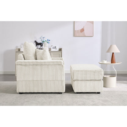 Divano letto singolo in velluto a coste beige 42,52 con seduta profonda, poggiapiedi rimovibile, bracciolo contenitore e 2 cuscini decorativi