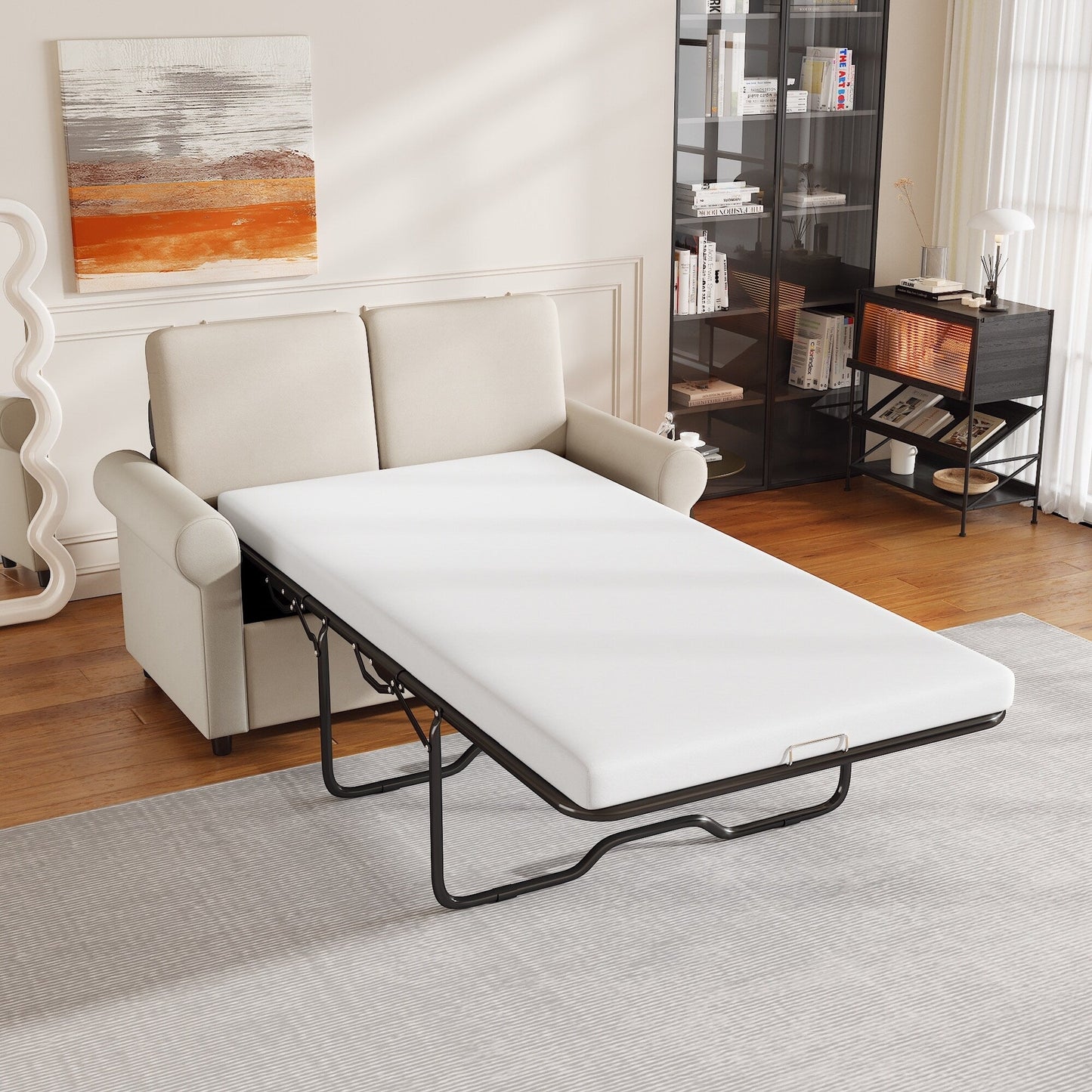 Divano letto estraibile 2 in 1 in velluto beige da 57,4 pollici con materasso singolo di alta qualità e due porte USB