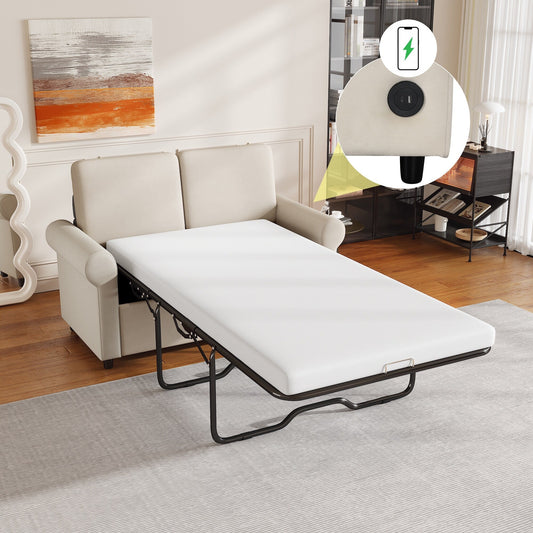 Divano letto estraibile 2 in 1 in velluto beige da 57,4 pollici con materasso singolo di alta qualità e due porte USB