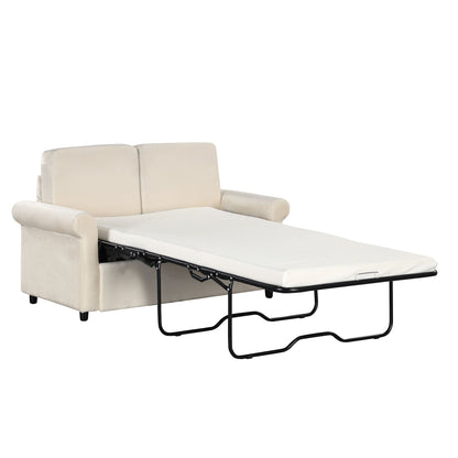 Divano letto estraibile 2 in 1 in velluto beige da 57,4 pollici con materasso singolo di alta qualità e due porte USB