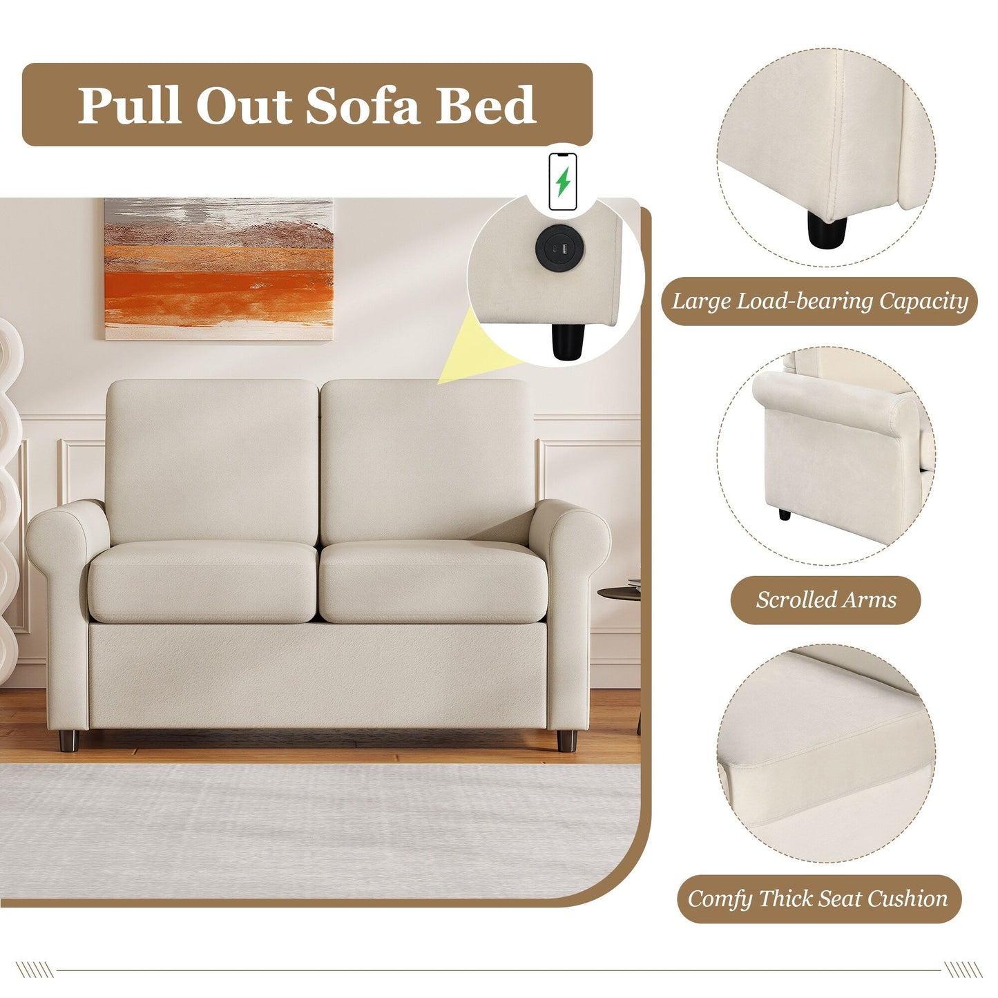 Divano letto estraibile 2 in 1 in velluto beige da 57,4 pollici con materasso singolo di alta qualità e due porte USB