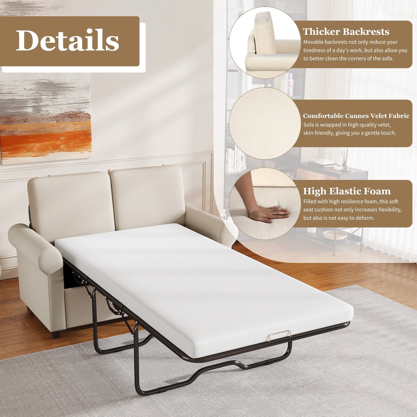 Divano letto estraibile 2 in 1 in velluto beige da 57,4 pollici con materasso singolo di alta qualità e due porte USB