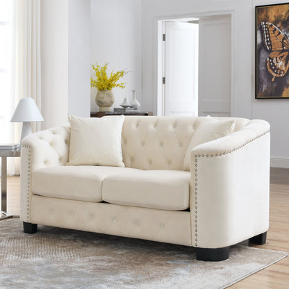 Divano moderno in velluto beige da 59'' a 2 posti con schienale trapuntato e braccioli con borchie