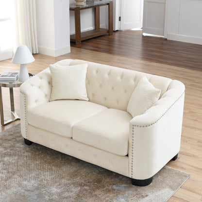 Divano moderno in velluto beige da 59'' a 2 posti con schienale trapuntato e braccioli con borchie