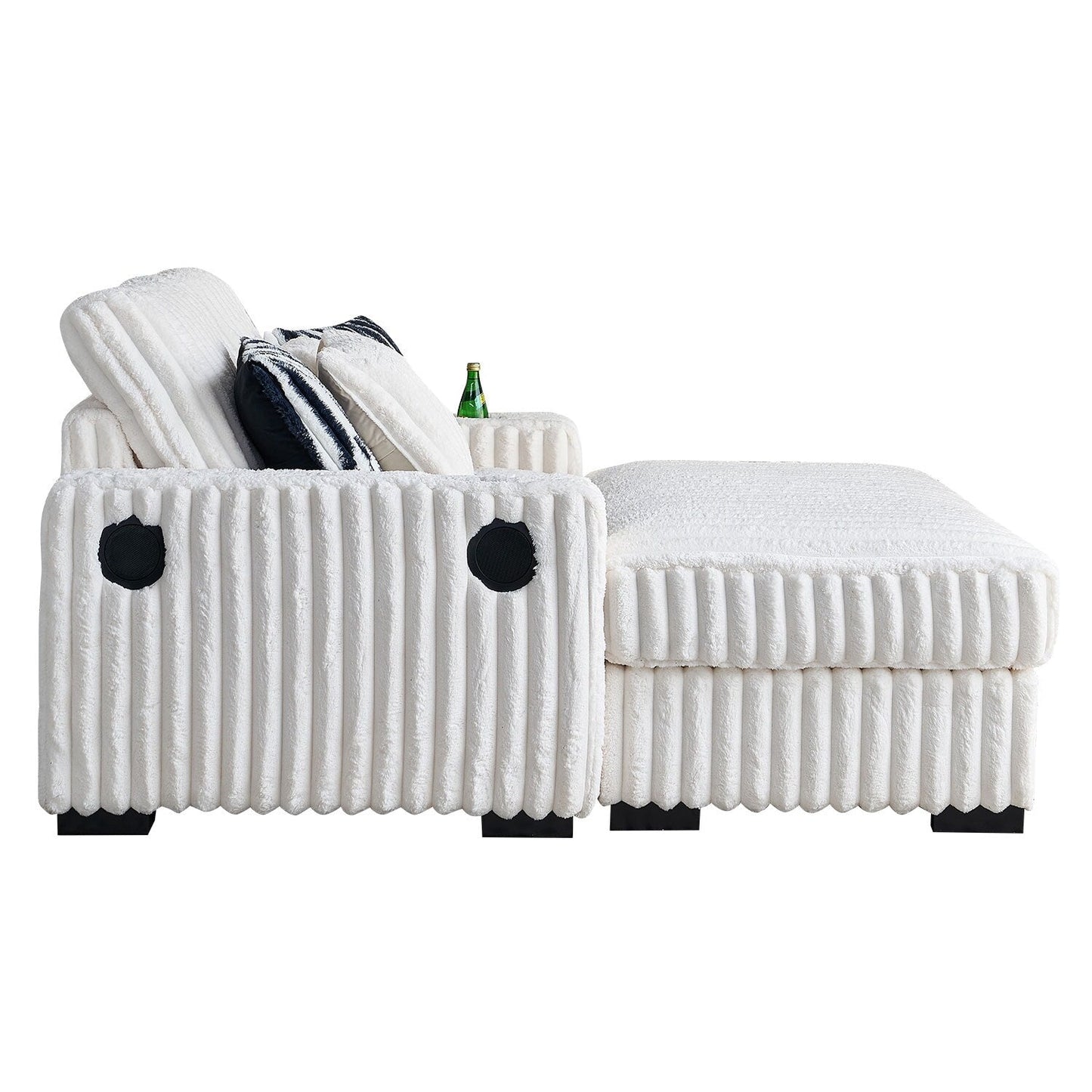 Divano a due posti in velluto a coste beige 61.42 con braccioli quadrati, pouf, altoparlante Bluetooth, caricabatterie wireless, porte USB, portabicchieri