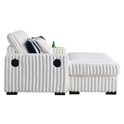 Divano a due posti in velluto a coste beige 61.42 con braccioli quadrati, pouf, altoparlante Bluetooth, caricabatterie wireless, porte USB, portabicchieri