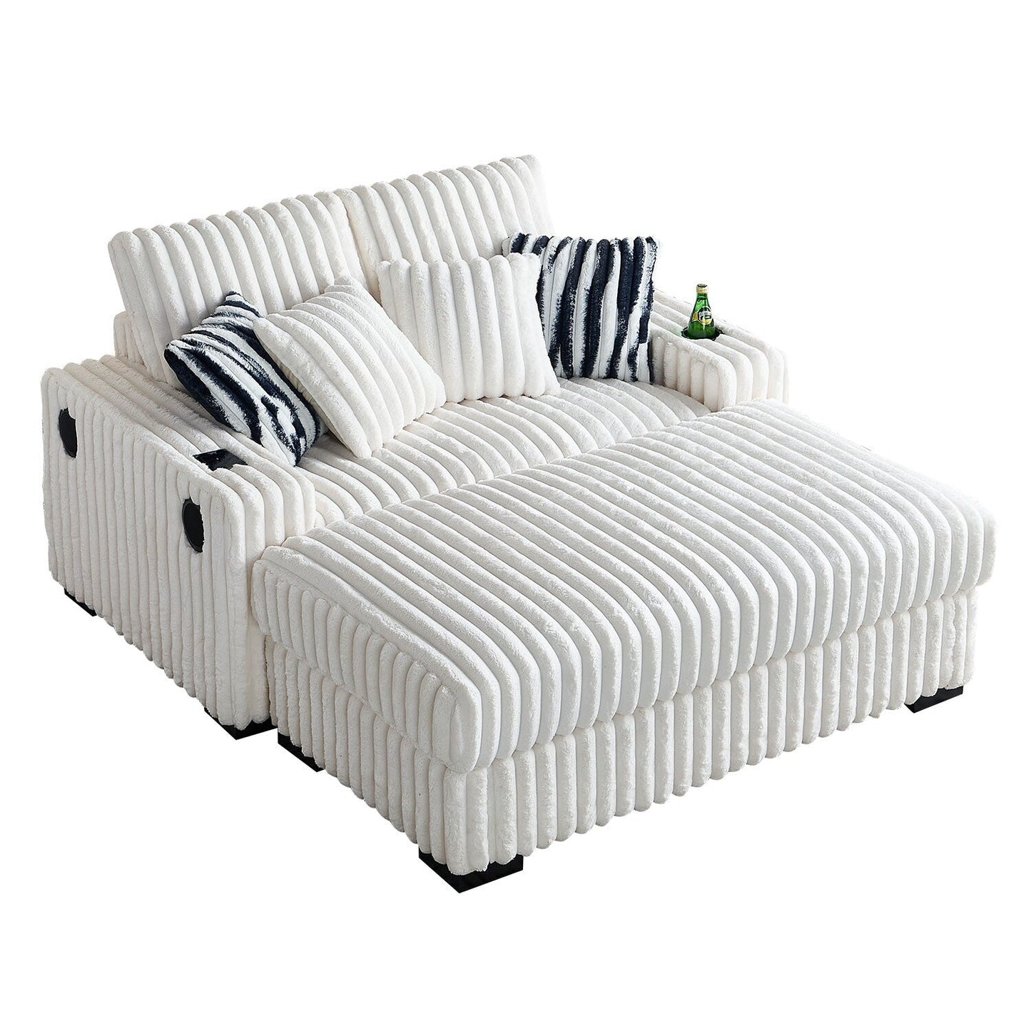 Divano a due posti in velluto a coste beige 61.42 con braccioli quadrati, pouf, altoparlante Bluetooth, caricabatterie wireless, porte USB, portabicchieri
