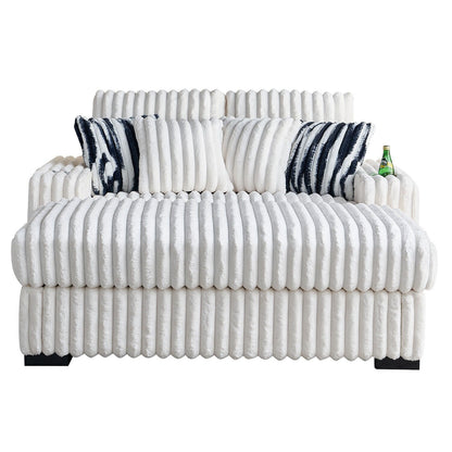 Divano a due posti in velluto a coste beige 61.42 con braccioli quadrati, pouf, altoparlante Bluetooth, caricabatterie wireless, porte USB, portabicchieri