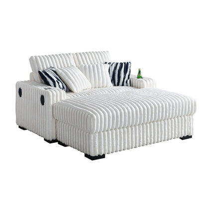 Divano a due posti in velluto a coste beige 61.42 con braccioli quadrati, pouf, altoparlante Bluetooth, caricabatterie wireless, porte USB, portabicchieri