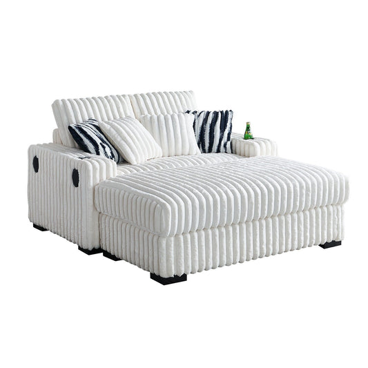 Divano a due posti in velluto a coste beige 61.42 con braccioli quadrati, pouf, altoparlante Bluetooth, caricabatterie wireless, porte USB, portabicchieri