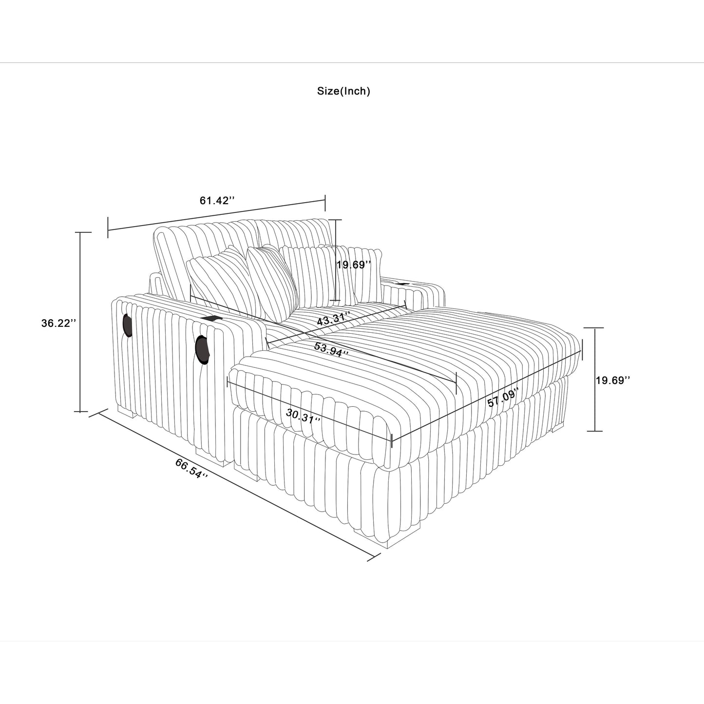 Divano a due posti in velluto a coste beige 61.42 con braccioli quadrati, pouf, altoparlante Bluetooth, caricabatterie wireless, porte USB, portabicchieri