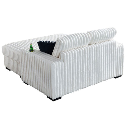 Divano a due posti in velluto a coste beige 61.42 con braccioli quadrati, pouf, altoparlante Bluetooth, caricabatterie wireless, porte USB, portabicchieri