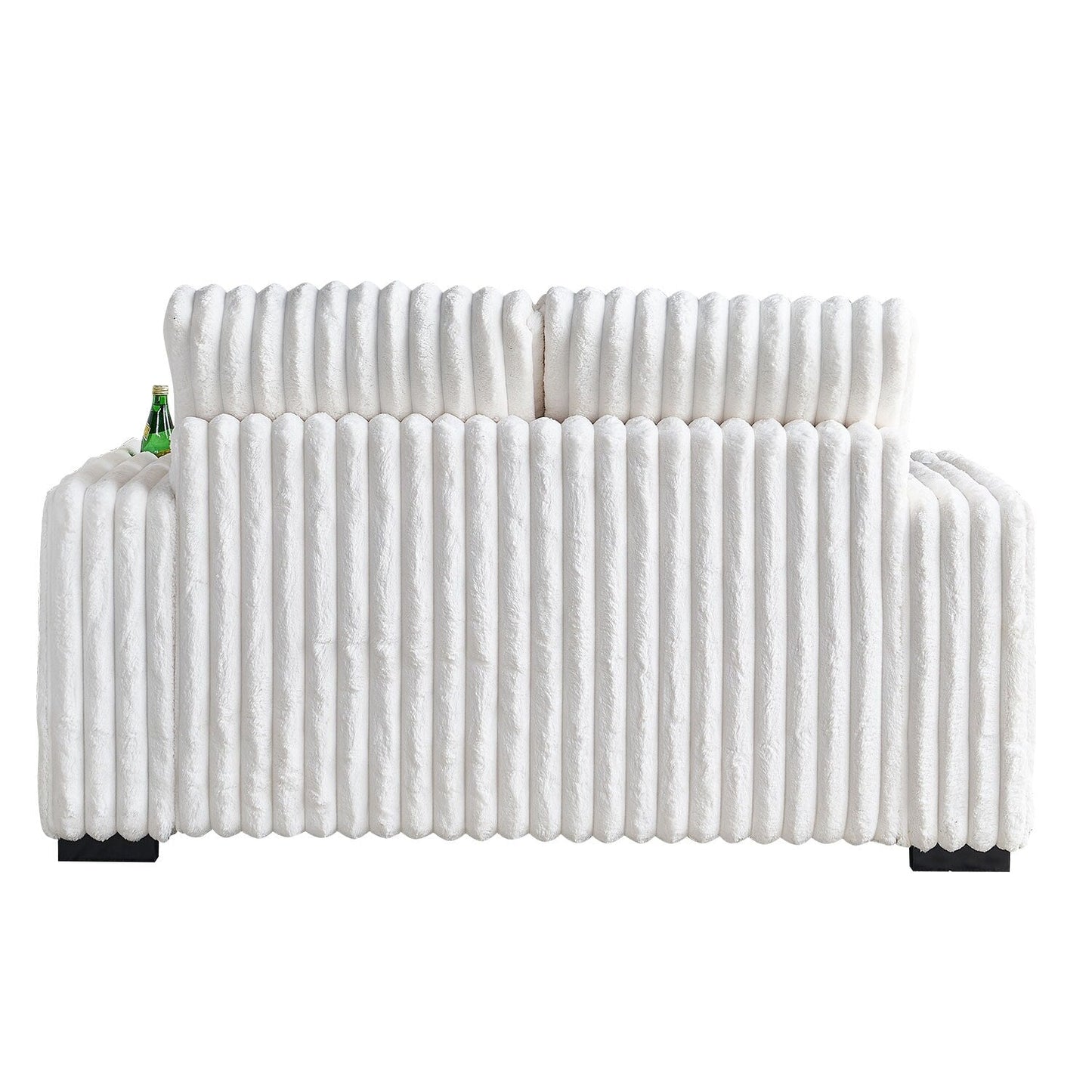 Divano a due posti in velluto a coste beige 61.42 con braccioli quadrati, pouf, altoparlante Bluetooth, caricabatterie wireless, porte USB, portabicchieri