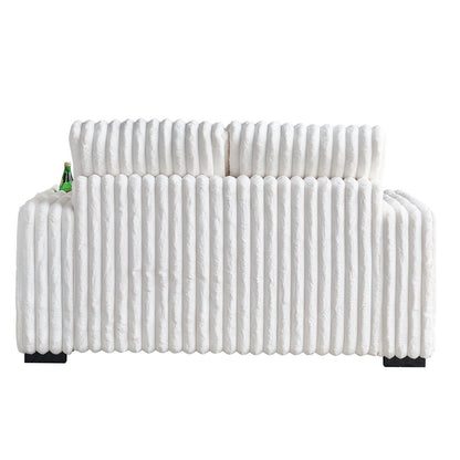 Divano a due posti in velluto a coste beige 61.42 con braccioli quadrati, pouf, altoparlante Bluetooth, caricabatterie wireless, porte USB, portabicchieri