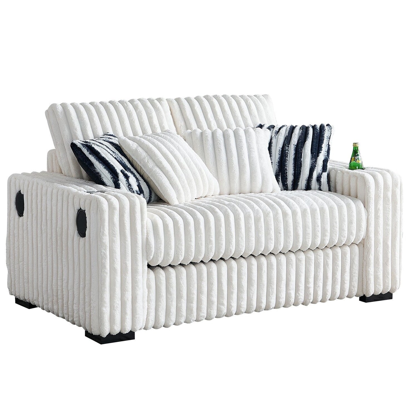 Divano a due posti in velluto a coste beige 61.42 con braccioli quadrati, pouf, altoparlante Bluetooth, caricabatterie wireless, porte USB, portabicchieri