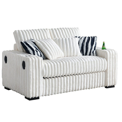 Divano a due posti in velluto a coste beige 61.42 con braccioli quadrati, pouf, altoparlante Bluetooth, caricabatterie wireless, porte USB, portabicchieri