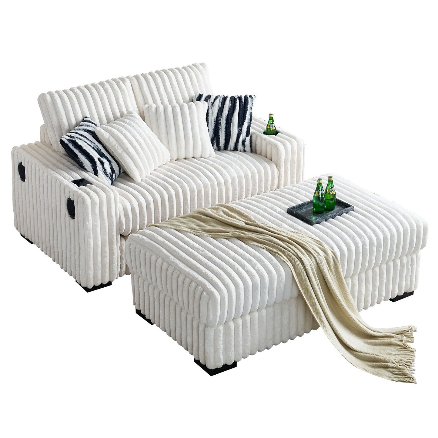 Divano a due posti in velluto a coste beige 61.42 con braccioli quadrati, pouf, altoparlante Bluetooth, caricabatterie wireless, porte USB, portabicchieri