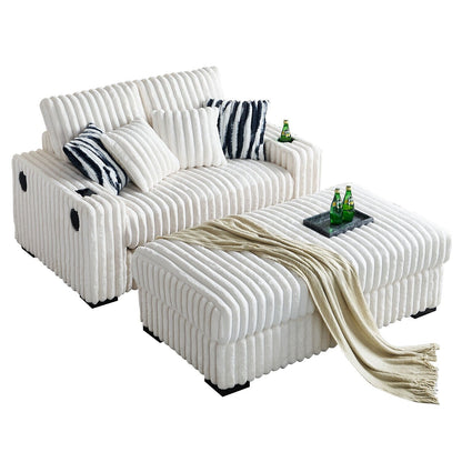 Divano a due posti in velluto a coste beige 61.42 con braccioli quadrati, pouf, altoparlante Bluetooth, caricabatterie wireless, porte USB, portabicchieri
