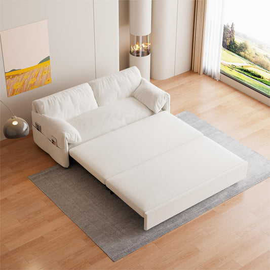 Divano letto estraibile 3 in 1 in velluto beige da 63,8 pollici con contenitore laterale per soggiorno