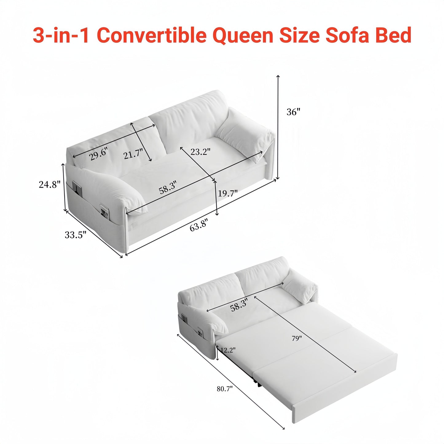 Divano letto estraibile 3 in 1 in velluto beige da 63,8 pollici con contenitore laterale per soggiorno