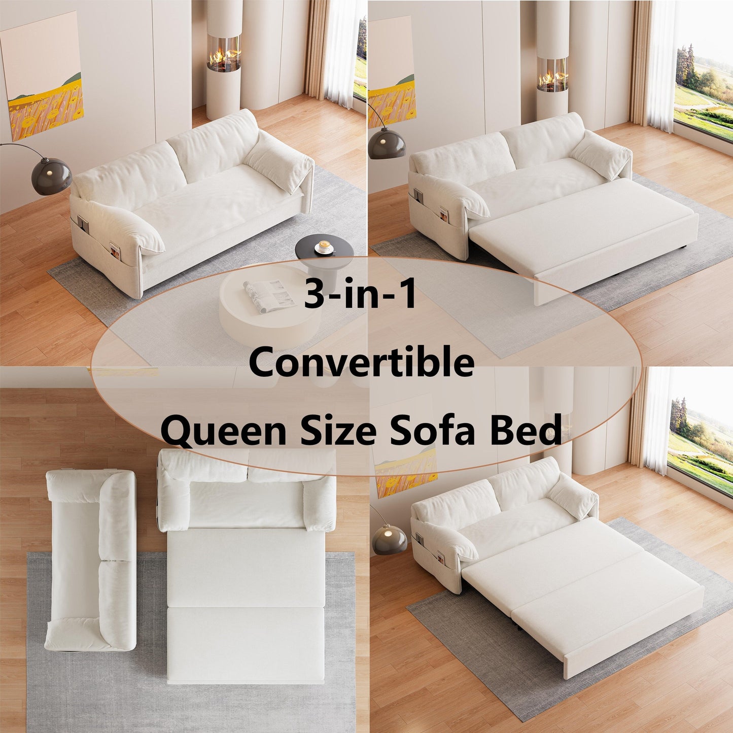 Divano letto estraibile 3 in 1 in velluto beige da 63,8 pollici con contenitore laterale per soggiorno