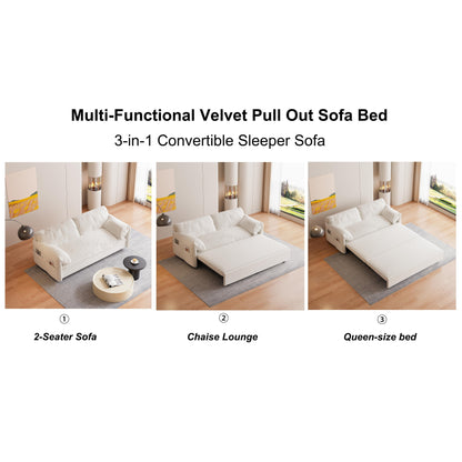 Divano letto estraibile 3 in 1 in velluto beige da 63,8 pollici con contenitore laterale per soggiorno